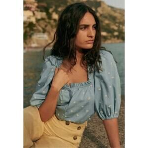 Sezane Kellia Blouse Light Denim Chambray Square Neck Ruffle Embroidered 2 US